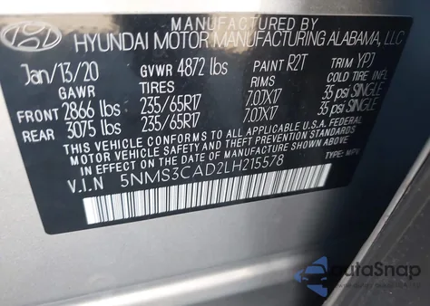 2020 Hyundai Santa Fe Sel из США, поврежденный, VIN 5NMS3CAD2LH215578